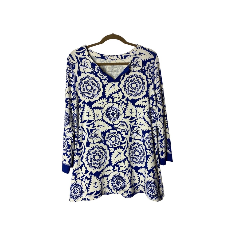 T by Talbots Blue White Floral Bamboo Rayon Spandex V-Neck LS Top Large UPF 50